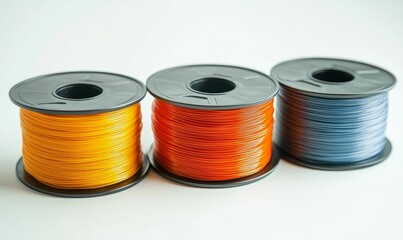 Colorful 3D printer filament spools arranged on white surface.