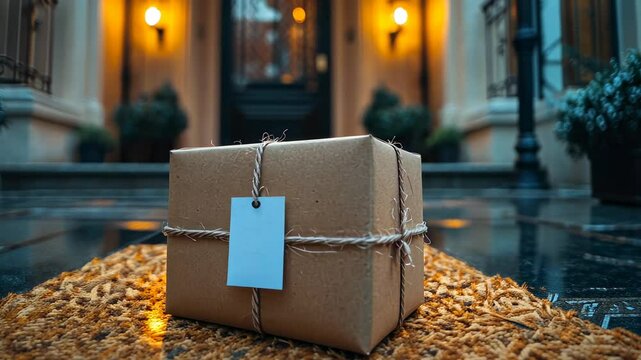 Package Delivery at Home: A Brown Gift Box on a Doormat