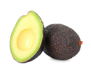 Whole and cut avocados isolated on white