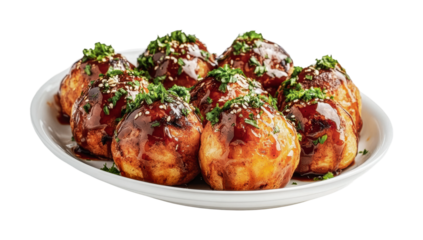 Delicious Takoyaki served on a white plate garnished with green onions and bonito flakes for a satisfying snack or appetizer experience, cut out