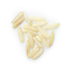 Pile of raw brown rice isolated on white, top view