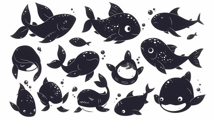 Playful underwater scene featuring various cartoon fish and whales swimming among bubbles and small fish