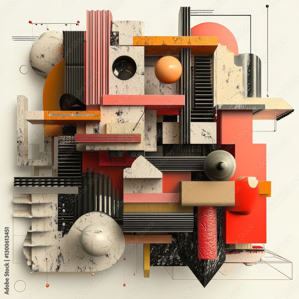 Aufkleber abstract geometric composition with spheres, cubes, and textural elements on a white backdrop.