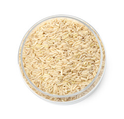 Raw brown rice in open jar isolated on white, top view
