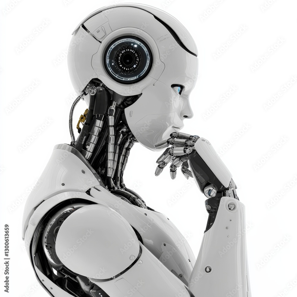 Poster AI Contemplation: A Sleek White Robot Ponders the Future of Artificial Intelligence with a Human-Like Gesture of Thought