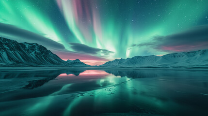 Surreal Arctic landscape illuminated by vibrant aurora borealis, with a mirror-like frozen lake reflecting mesmerizing pink and green lights