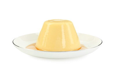 Delicious pudding with caramel sauce isolated on white
