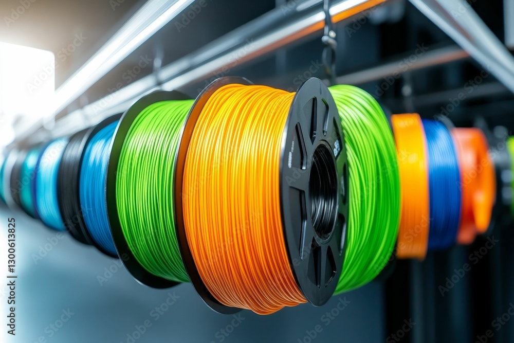 Poster colorful 3d printing filament spools arranged in a row.