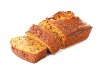 Cut homemade carrot cake with nuts isolated on white