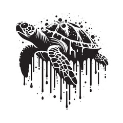 Sea turtle stencil with dripping paint, grunge and flat aestheti