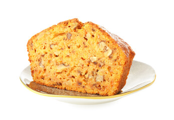 Cut homemade carrot cake with nuts isolated on white