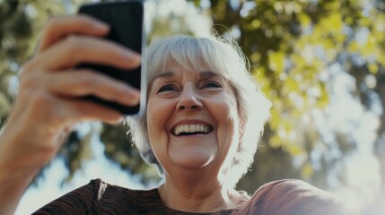 Naklejka premium Happy senior woman enjoying video call outdoors with smartphone, bright colors, and cheerful atmosphere, showcasing connection and joy in nature