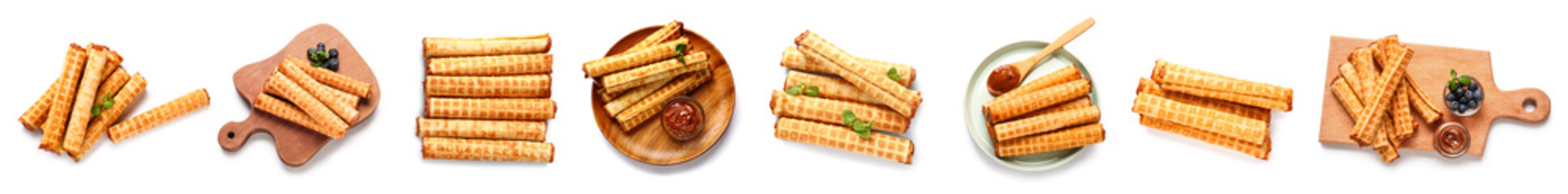 Collage of delicious wafer rolls with boiled condensed milk isolated on white, top view