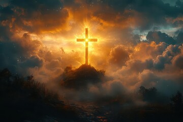 Naklejka premium a radiant cross illuminates a mountaintop at midnight casting golden rays through misty clouds while a lone silhouette stands in reverent prayer arms raised to the heavenly spectacle