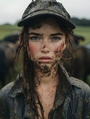 Young farmer girl covered in mud, hard working life outdoors