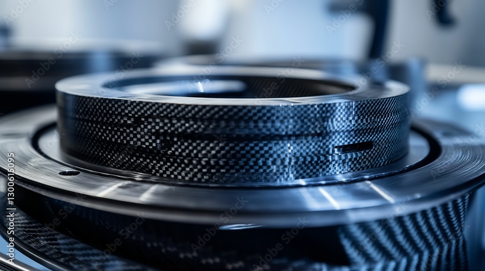 Poster circular carbon fiber object displayed in a modern setting.
