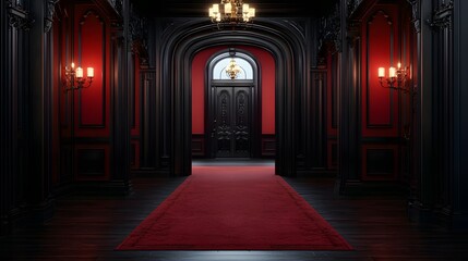 Fototapeta premium Elegant red and black hallway historic mansion interior photography luxurious atmosphere perspective architectural beauty