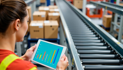 Digital supply chain management with tablets displaying logistics data beside conveyor belts
