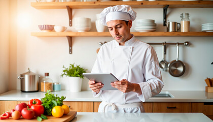 Chef using digital recipe guide in a contemporary kitchen with colorful ingredients on the counter
