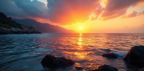 Calm sea at sunset with rocky shores in distance, shore, peaceful