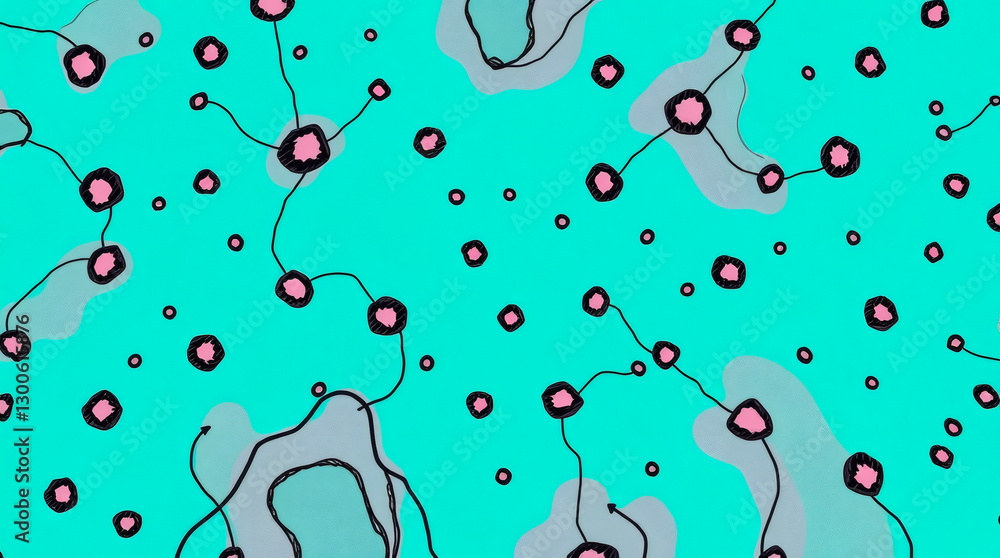 Poster abstract design with colorful shapes and lines on a bright teal background. generative ai