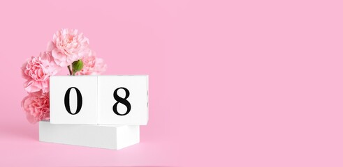 Calendar and beautiful flowers on pink background with space for text. International Women's Day celebration