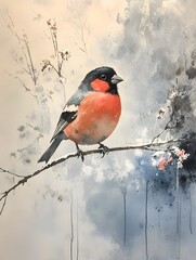 robin in snow on a branch, waterpainted, abstract art