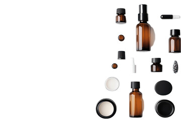 Assortment of brown glass cosmetic bottles with black caps white lids and applicators on transparent background ideal for beauty products or healthcare advertisement