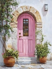 old pink door and flowers