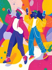 Abstract colorful art of happy people celebrating life and holding their phone, AI Generated