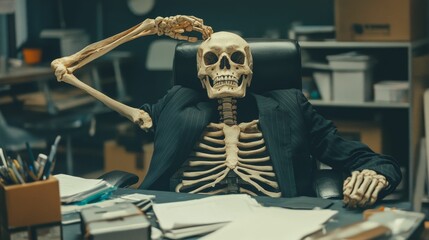 Skeleton struggles at desk work wearing a business suit.
