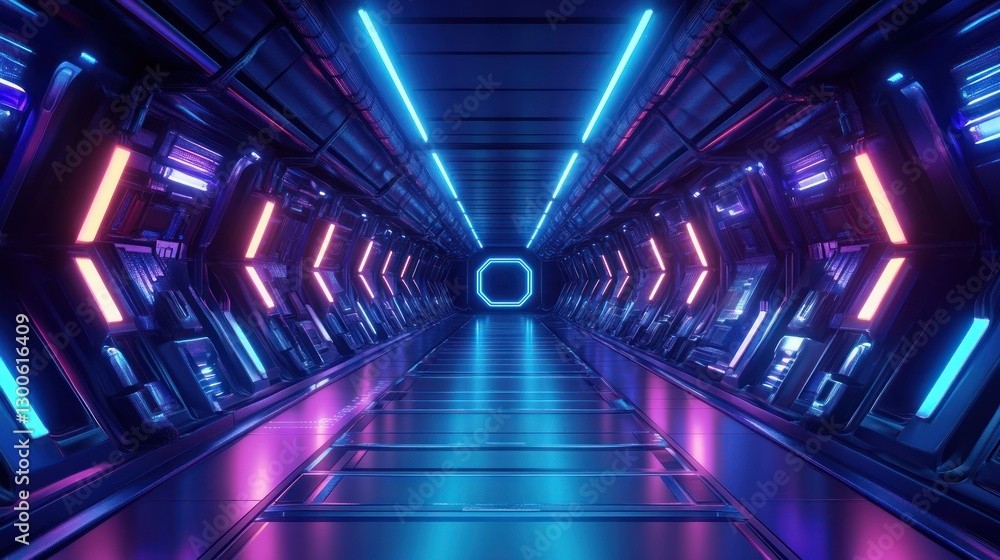 Poster futuristic illuminated tunnel with glowing octagon shape at the end