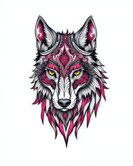 Obraz premium Intricate wolf design in tattoo style with vibrant colors and detailed patterns on a white background. Generative AI