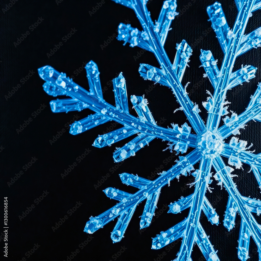Poster intricate blue snowflake captured in detail against a dark background. generative ai