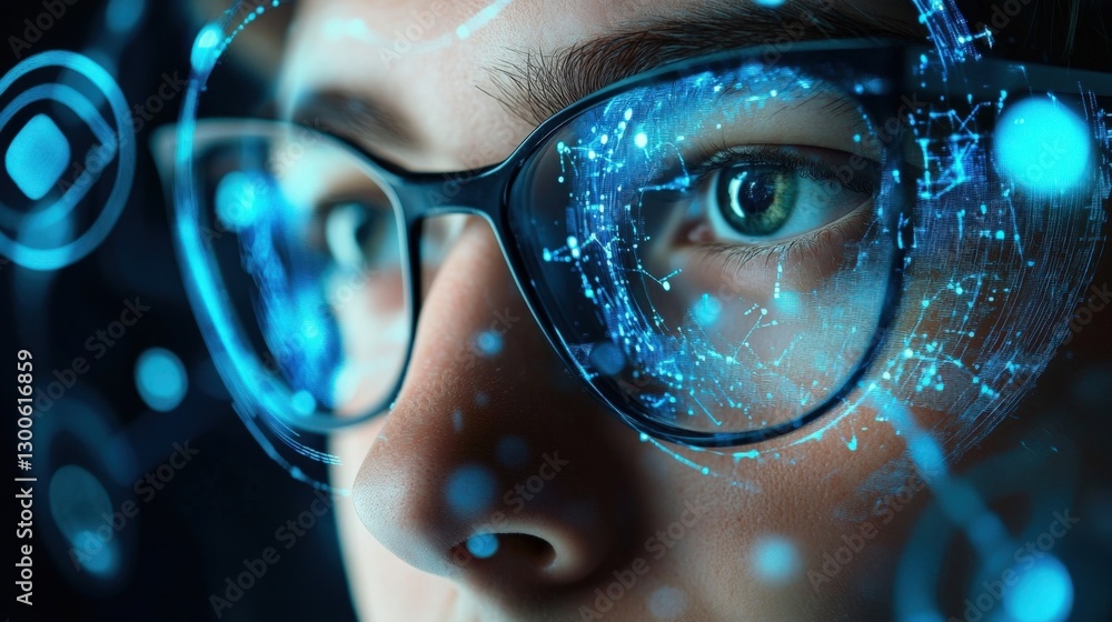 Poster the image captures the intense gaze of a young professional eyes fixed on a futuristic interface as 