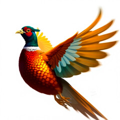 Obraz premium Colorful pheasant in flight, showing bright feathers on a white background. Generative ai