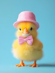 baby chick wearing a pink hat and bowtie