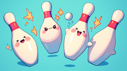 Playful cartoon bowling pins celebrating a strike on a vibrant blue background, perfect for fun designs
