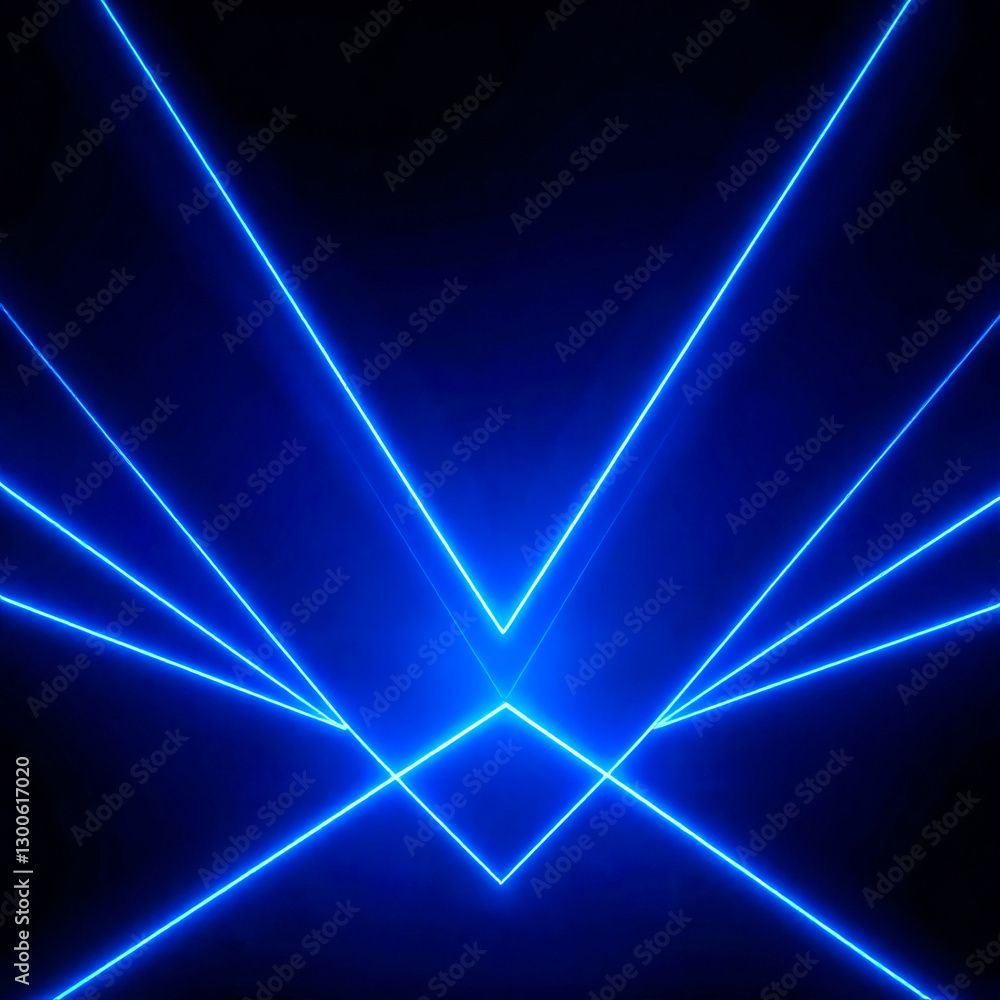 Poster dynamic blue laser beams create an abstract light display in a dark environment. generative ai