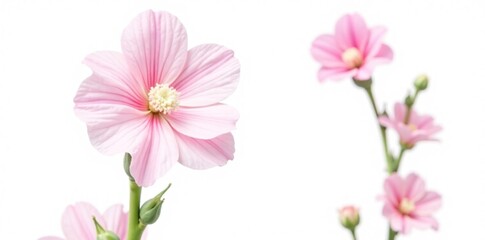 Fototapeta premium Tall stem of pink hollyhock flower isolated on white background, pink flowers, plant, garden