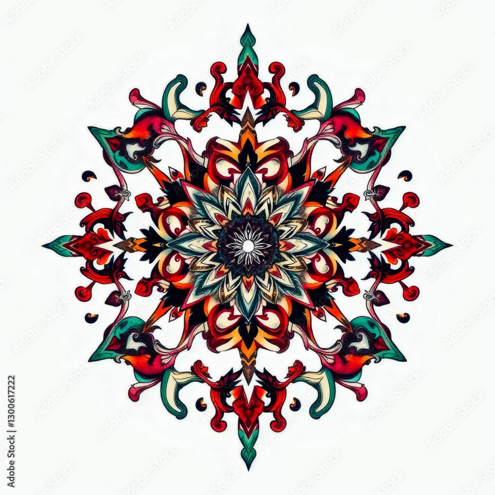Poster mandala design featuring intricate patterns and vibrant colors on a light background. generative ai