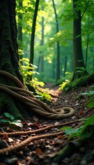 Fototapeta premium Tangled mass of ropes and vines on the forest floor, forest floor, ropes, nature