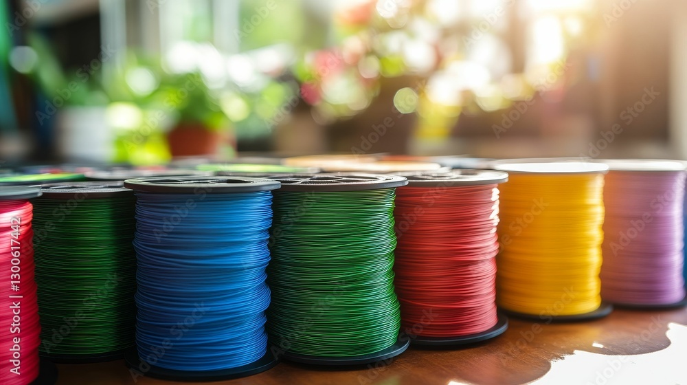Poster colorful spools of thread in neat rows ready for creative
