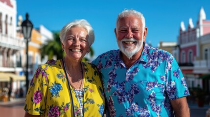 Vibrant senior couple beams with joy under sunny blue skies, dressed in colorful outfits, exuding happiness and capturing travel's delightful essence.