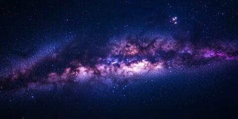 Fototapeta premium mesmerizing view of the Milky Way galaxy, at night from Earth's surface. The purple and blue hues in space, A deep black sky background adds depth to the cosmic beauty