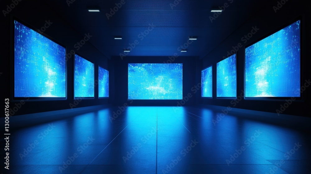 Poster big screens showing digital art are mounted on the walls of a futuristic gallery illuminated with bl