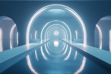 Obraz premium Modern architectural design featuring illuminated arches over a tranquil water reflection in a serene indoor space