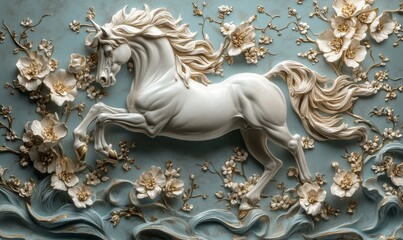 Elegant White Horse Bas Relief Floral Design Blue Background Wall Art Decor 3D Gold Home Image      