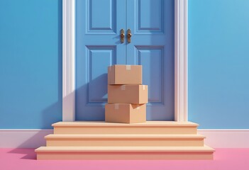 3D To Your Door Delivery icon. Minimal Courier delivery package in front blue door. Online Shopping Concept. Fast Delivery, logistic Concept. 3d Deliveries of online orders outside the door. 3d render