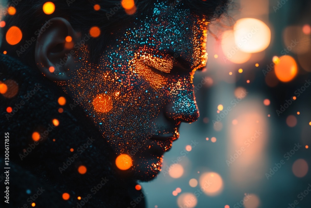 Poster portrait of a man covered in shimmering particles during twilight in an urban setting